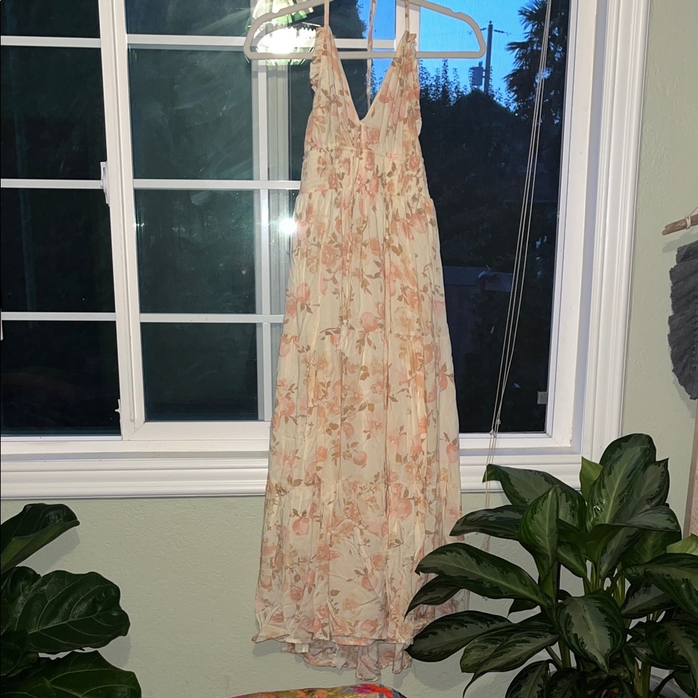 WALLFLOWER Boho Cream Halter Maxi Dress W/Pink Floral Print Size Juniors Small - Picture 2 of 10